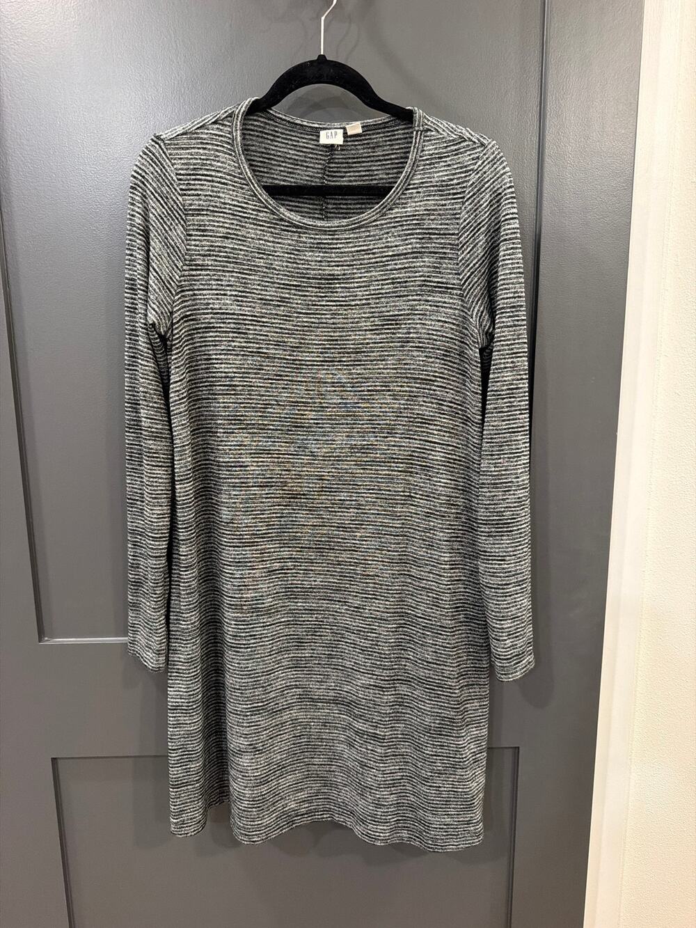Gap Womens Gray Long Sleeve Scoop Neck Stretchable Fit Striped A-Line dress